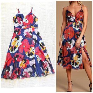 LULUS All About Love Royal Blue Floral Print Midi Dress Sleeveless Size Medium